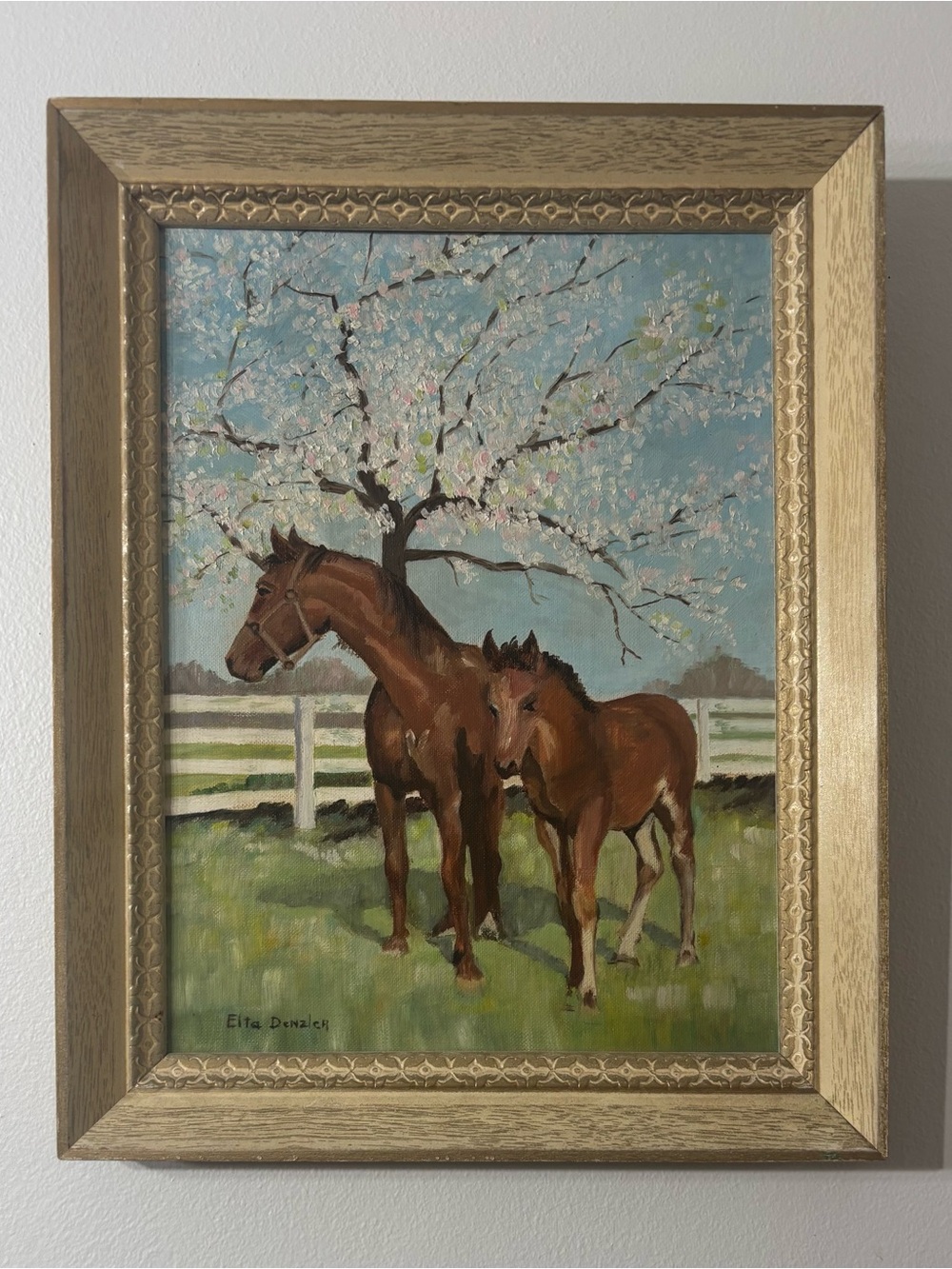 Vintage 1960 Equestrian Oil Painting "Mare & Foal" Signed Etta Denzler